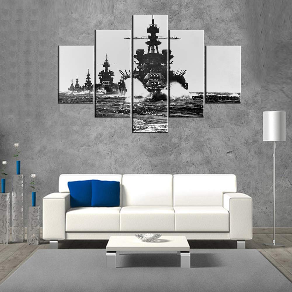 Norse Decor Black and White Painting Vikings Ship Artwork Fantasy Sailing Boat Pictures for Living Room Home 5 Panel Dragon Canvas Wall Art Modern Framed Ready to Hang Posters and Prints(60''Wx32''H)