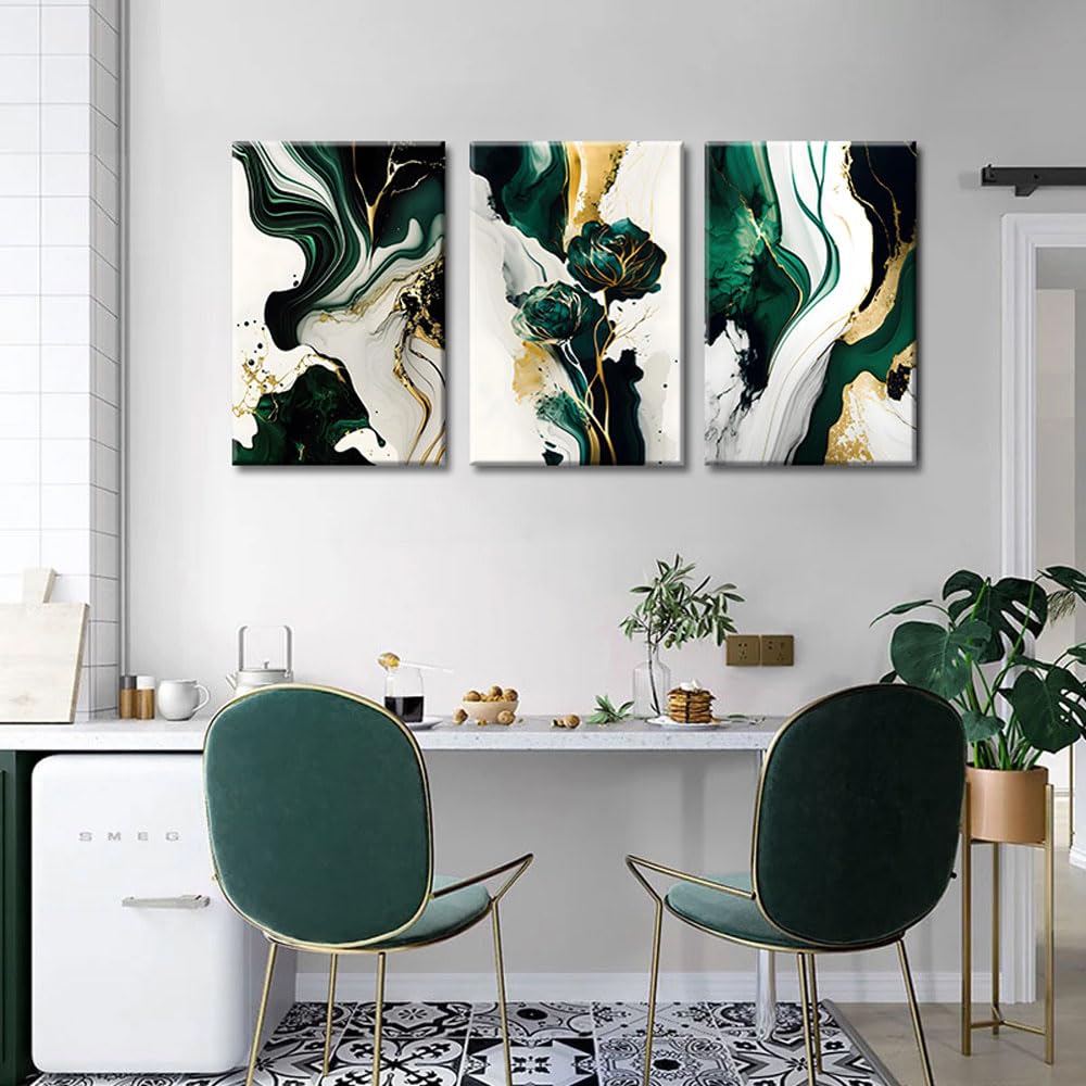 3Pcs Framed Emerald Green Wall Art, Modern Green and Gold Abstract Marble Canvas Wall Art Paintings Prints Posters Wall Decor Pictures for Living Room Bedroom Office Home Decoration, Ready to Hang