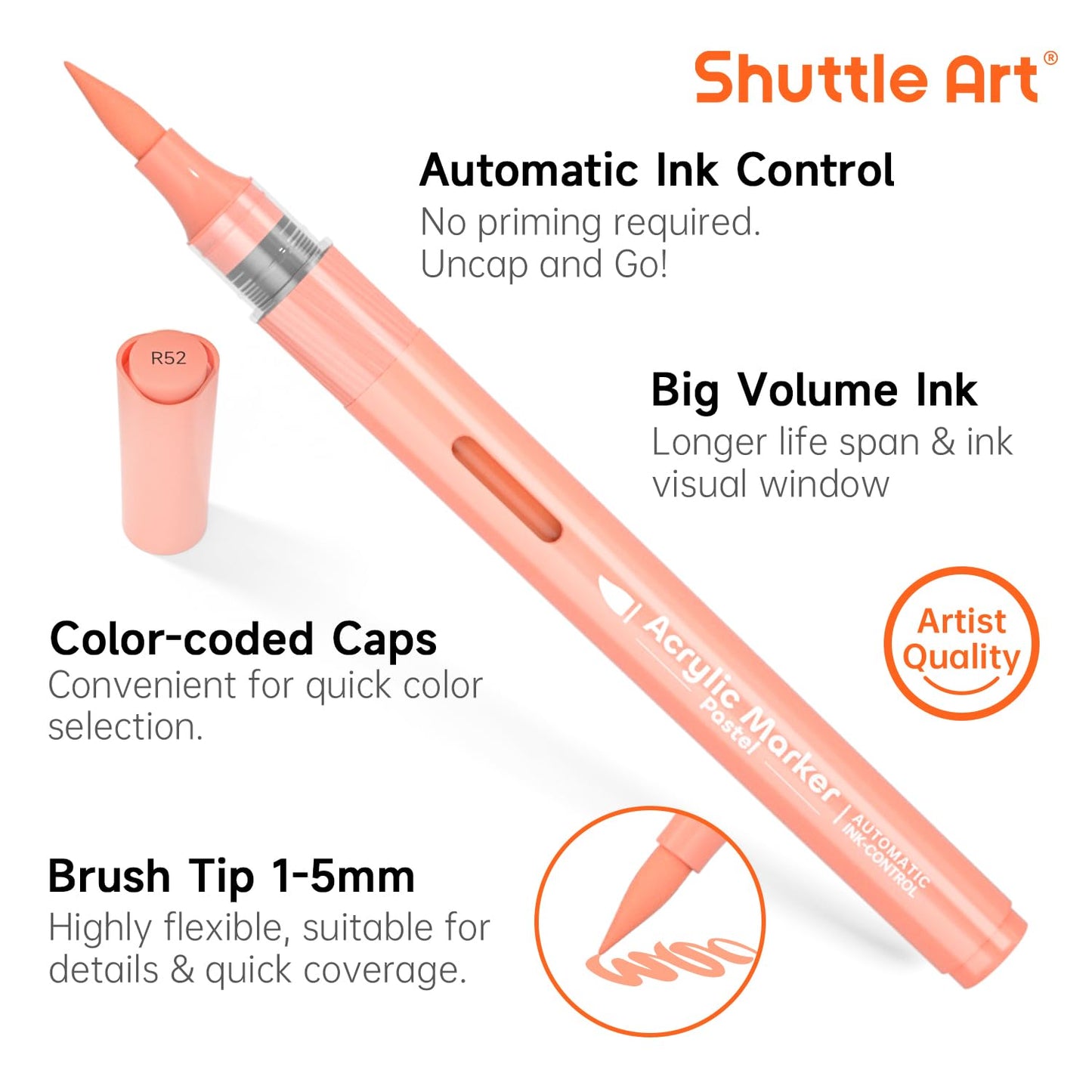 Shuttle Art Automatic Ink Control Acrylic Paint Markers, 60 Colors Brush Tip Acrylic Paint Pens for Rock Painting, Ceramic, Wood, Canvas, Glass, Stone, Fabric, Card Making, DIY & Art Supplies