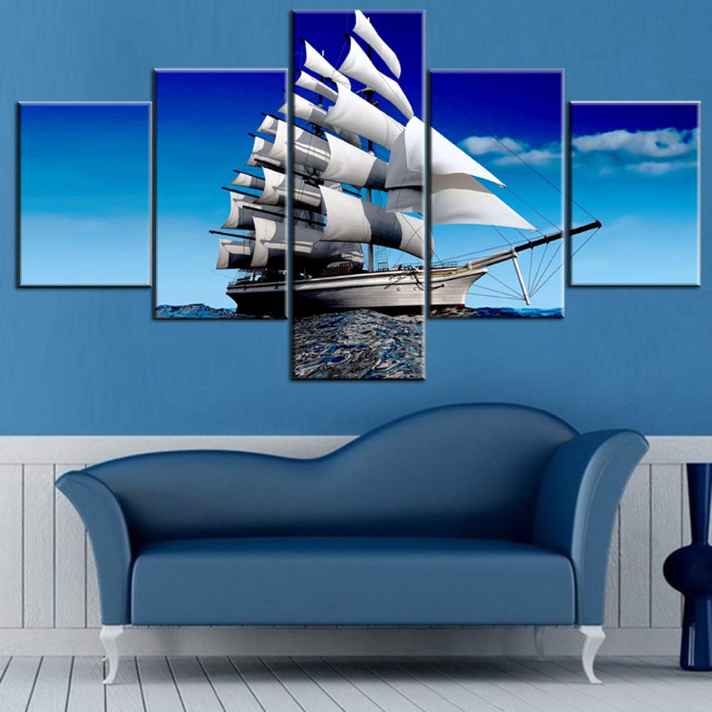 Norse Decor Black and White Painting Vikings Ship Artwork Fantasy Sailing Boat Pictures for Living Room Home 5 Panel Dragon Canvas Wall Art Modern Framed Ready to Hang Posters and Prints(60''Wx32''H)