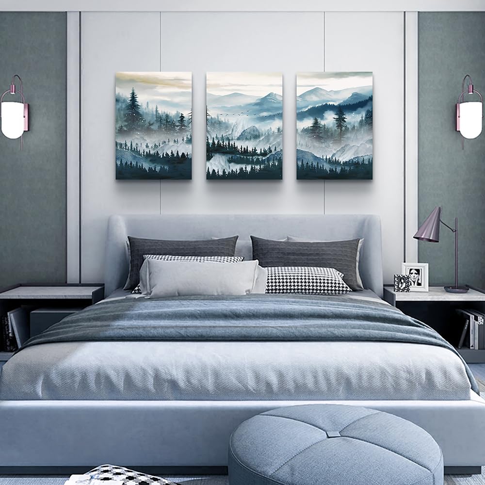 MHARTK66 3 Piece Framed Canvas Art Prints Wall Art for Living Room Modern Wall Decor for Bedroom Office Decor Abstract Mountain Forest Landscapes Ink Painting Ready to Hang Wall Pictures Home Decor