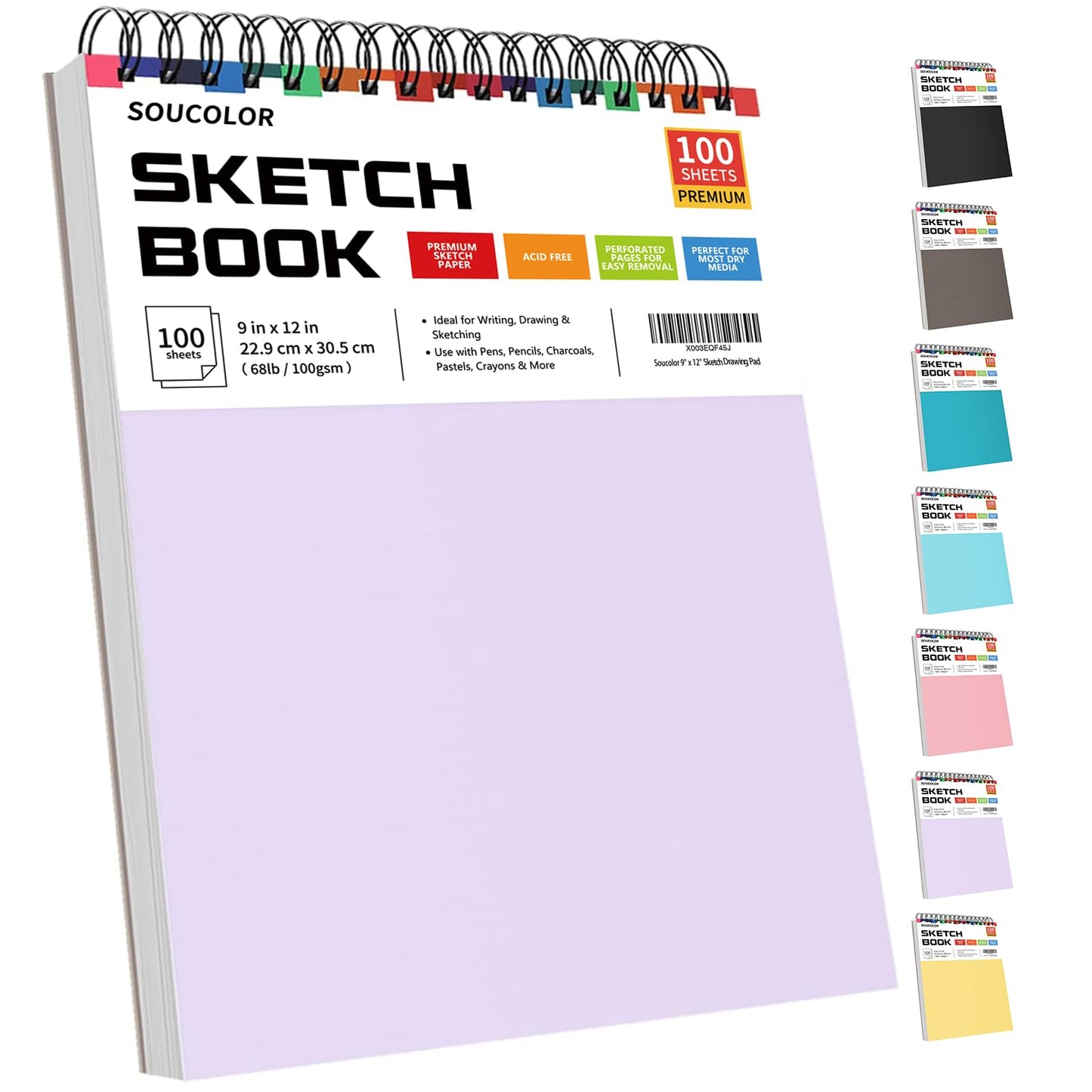 Soucolor 9" x 12" Sketch Book, 1-Pack 100 Sheets Spiral Bound Art Sketchbook, (68lb/100gsm) Acid Free Artist Drawing Book Paper Painting Sketching Pad for Kids Students Adults Beginners