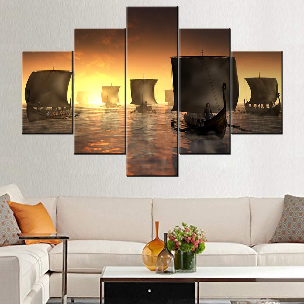 Norse Decor Black and White Painting Vikings Ship Artwork Fantasy Sailing Boat Pictures for Living Room Home 5 Panel Dragon Canvas Wall Art Modern Framed Ready to Hang Posters and Prints(60''Wx32''H)