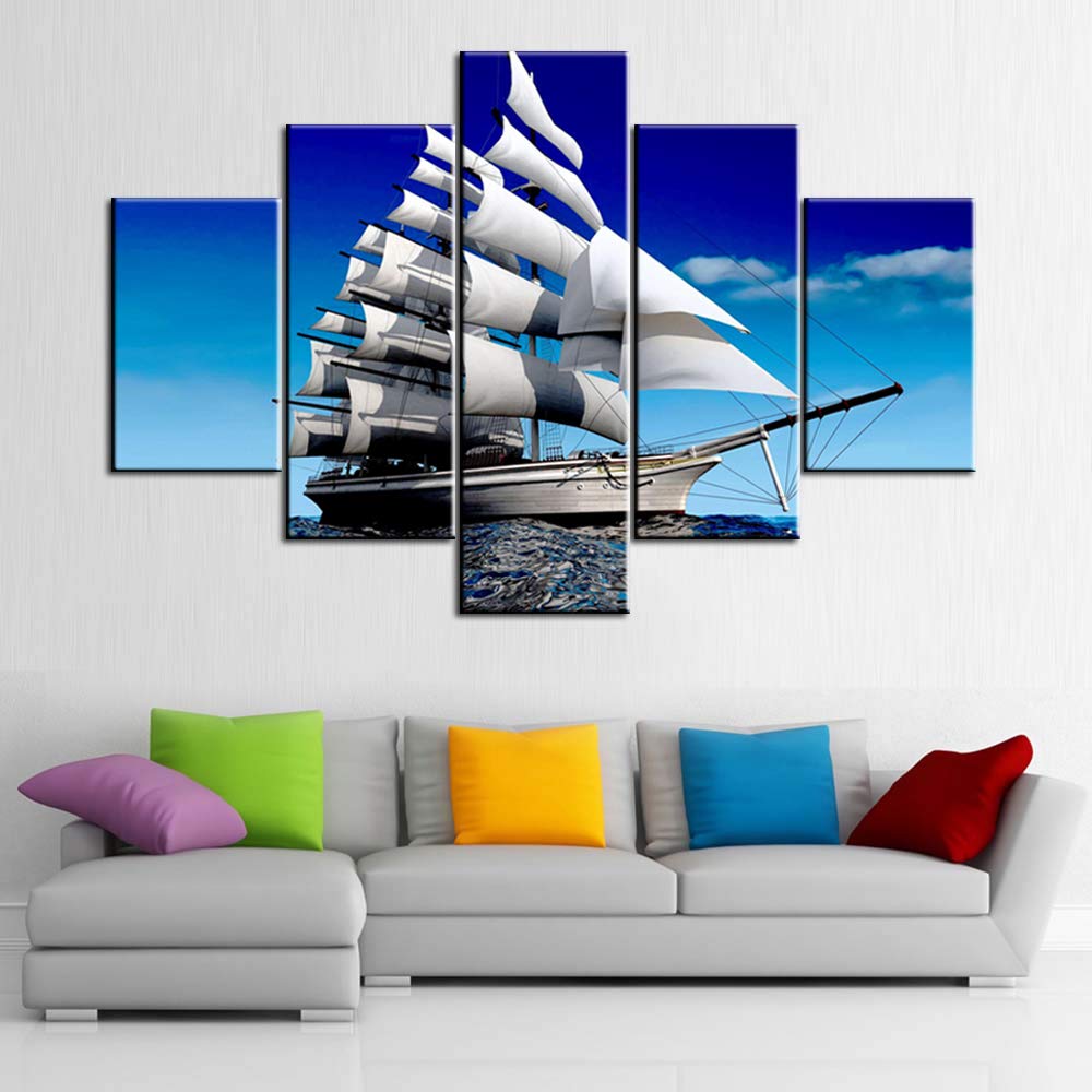 Norse Decor Black and White Painting Vikings Ship Artwork Fantasy Sailing Boat Pictures for Living Room Home 5 Panel Dragon Canvas Wall Art Modern Framed Ready to Hang Posters and Prints(60''Wx32''H)