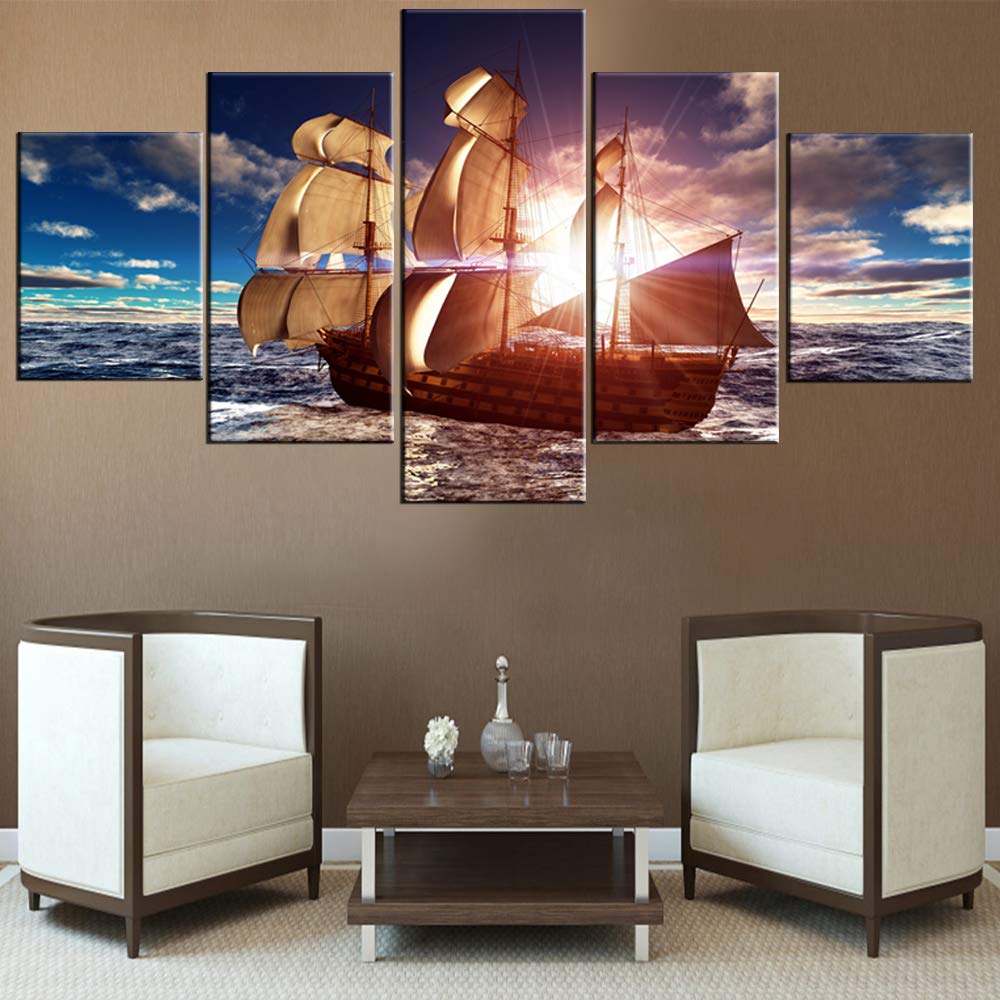 Norse Decor Black and White Painting Vikings Ship Artwork Fantasy Sailing Boat Pictures for Living Room Home 5 Panel Dragon Canvas Wall Art Modern Framed Ready to Hang Posters and Prints(60''Wx32''H)