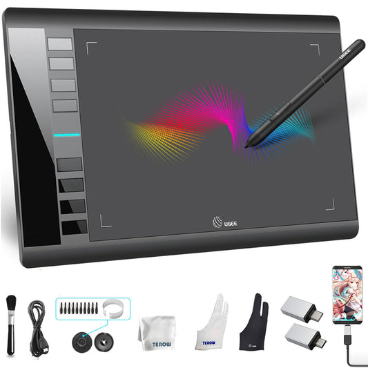 UGEE Graphics Drawing Tablet, M708 V2 Upgrade Support Android Phone 10x6 Inch Ultra Thin Large Graphics Drawing Tablets Art Pad with 8 Hot Keys 8192 Level Battery-Free Stylus for Win Creation Sketch