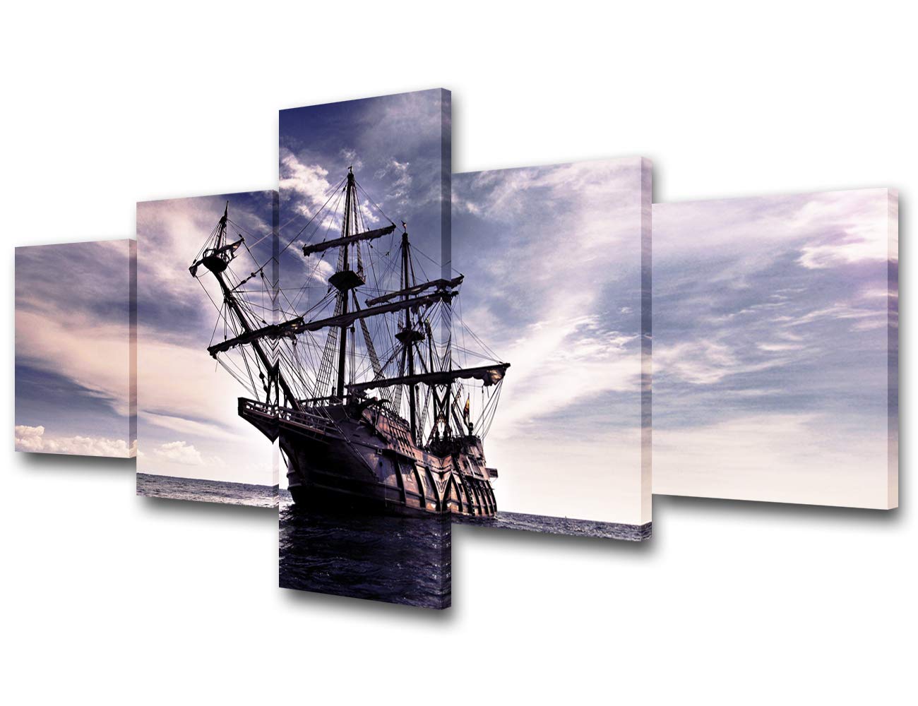 Norse Decor Black and White Painting Vikings Ship Artwork Fantasy Sailing Boat Pictures for Living Room Home 5 Panel Dragon Canvas Wall Art Modern Framed Ready to Hang Posters and Prints(60''Wx32''H)