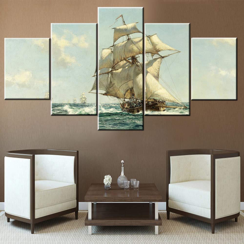 Norse Decor Black and White Painting Vikings Ship Artwork Fantasy Sailing Boat Pictures for Living Room Home 5 Panel Dragon Canvas Wall Art Modern Framed Ready to Hang Posters and Prints(60''Wx32''H)