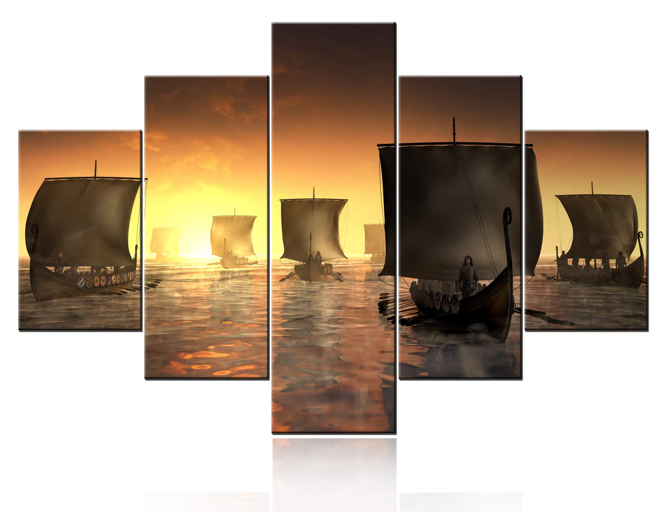 Norse Decor Black and White Painting Vikings Ship Artwork Fantasy Sailing Boat Pictures for Living Room Home 5 Panel Dragon Canvas Wall Art Modern Framed Ready to Hang Posters and Prints(60''Wx32''H)