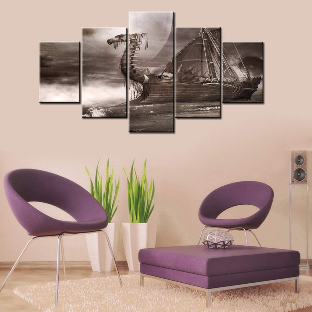 Norse Decor Black and White Painting Vikings Ship Artwork Fantasy Sailing Boat Pictures for Living Room Home 5 Panel Dragon Canvas Wall Art Modern Framed Ready to Hang Posters and Prints(60''Wx32''H)