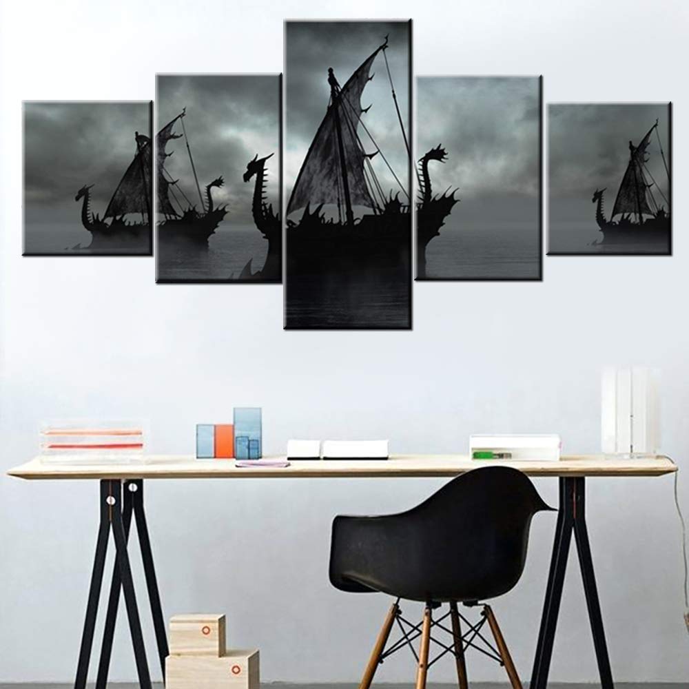 Norse Decor Black and White Painting Vikings Ship Artwork Fantasy Sailing Boat Pictures for Living Room Home 5 Panel Dragon Canvas Wall Art Modern Framed Ready to Hang Posters and Prints(60''Wx32''H)