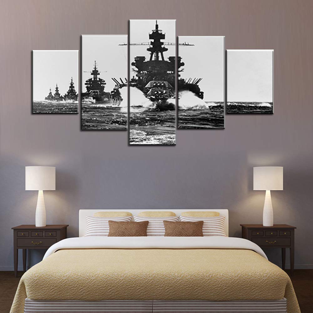 Norse Decor Black and White Painting Vikings Ship Artwork Fantasy Sailing Boat Pictures for Living Room Home 5 Panel Dragon Canvas Wall Art Modern Framed Ready to Hang Posters and Prints(60''Wx32''H)