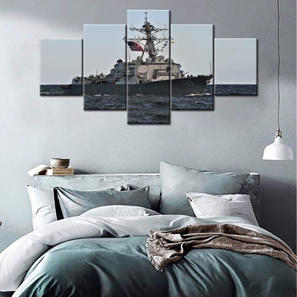 Norse Decor Black and White Painting Vikings Ship Artwork Fantasy Sailing Boat Pictures for Living Room Home 5 Panel Dragon Canvas Wall Art Modern Framed Ready to Hang Posters and Prints(60''Wx32''H)