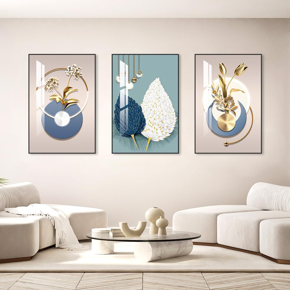 MPLONG Wall Art, Bright Style Framed Wall Art, Abstract Modern Art Shape Pattern White Blue Yellow Grey Wall Art Artfully Matching Living Room Bedroom Office Wall Decor - 24"x 32"x 3 Panels