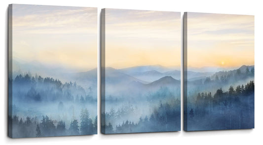 Wall Decor for Bedroom 3 Panel Sunrise Misty Forest Print Picture Paintings Wall Art for Living Room Bathroom Framed Canvas Artwork Modern Room Wall Decorations Size 12x16 x 3 Piece Ready to Hang