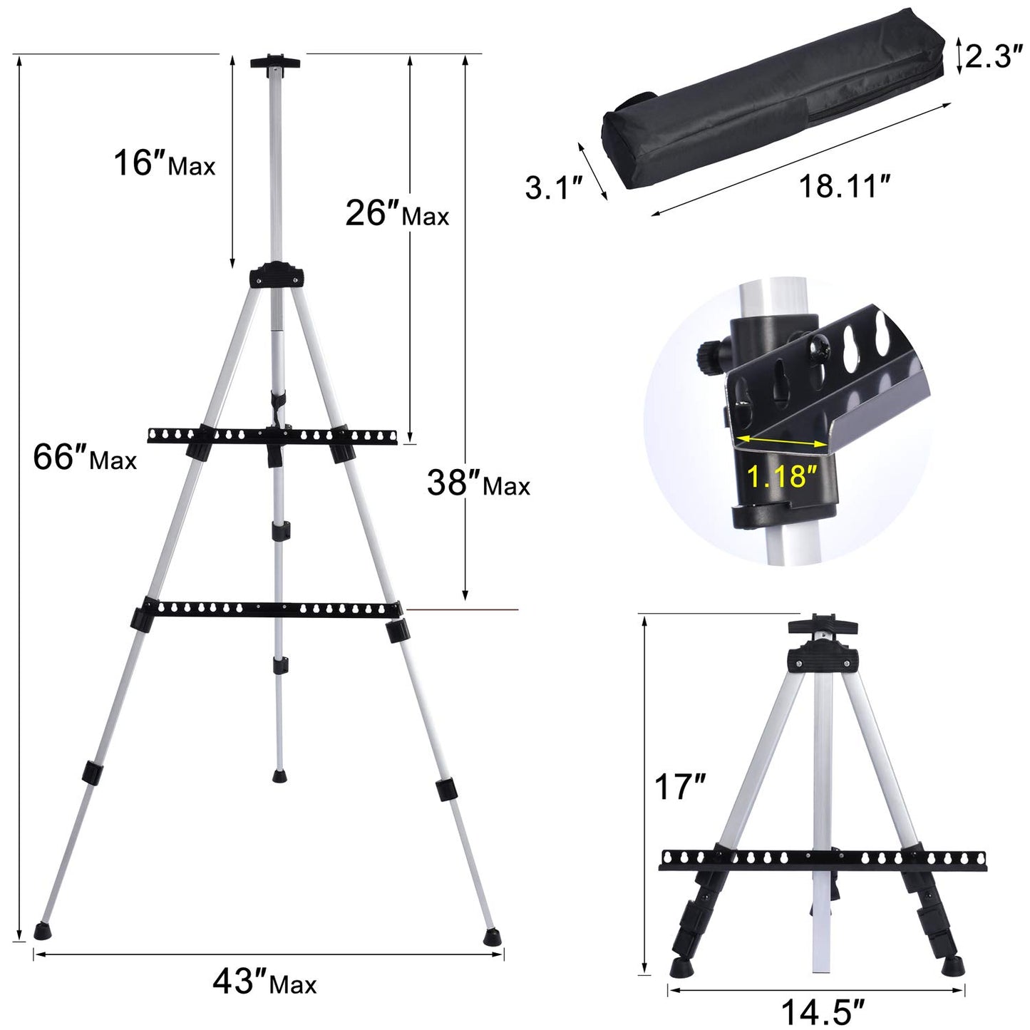 Portable Artist Easel Stand for Painting - Adjustable Height Painting Easel with Bag - Tabletop Art Easel for Painting Canvas Stand, Poster Stand & Wedding Signs Stand - Metal Tripod- 66 inches 2 Pack