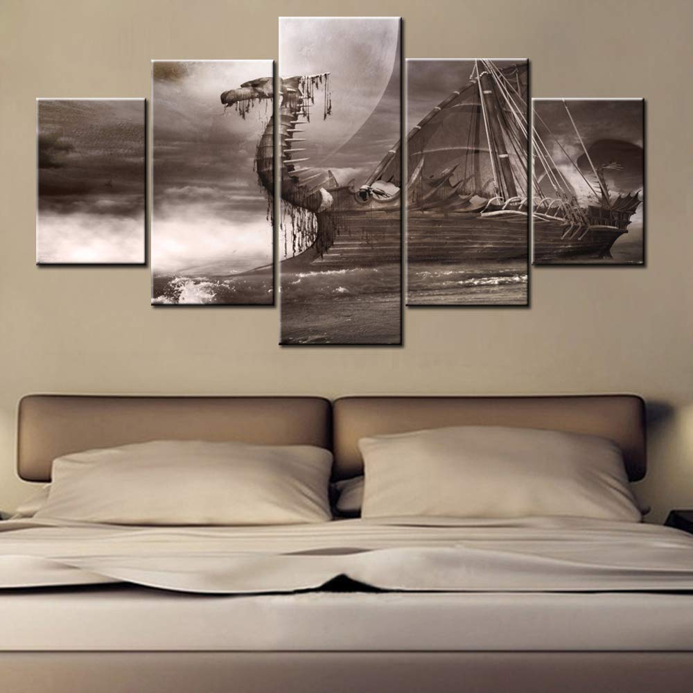 Norse Decor Black and White Painting Vikings Ship Artwork Fantasy Sailing Boat Pictures for Living Room Home 5 Panel Dragon Canvas Wall Art Modern Framed Ready to Hang Posters and Prints(60''Wx32''H)