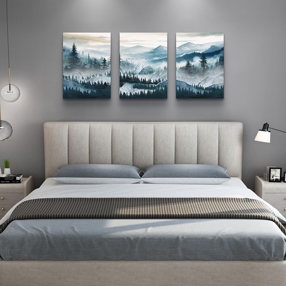 MHARTK66 3 Piece Framed Canvas Art Prints Wall Art for Living Room Modern Wall Decor for Bedroom Office Decor Abstract Mountain Forest Landscapes Ink Painting Ready to Hang Wall Pictures Home Decor