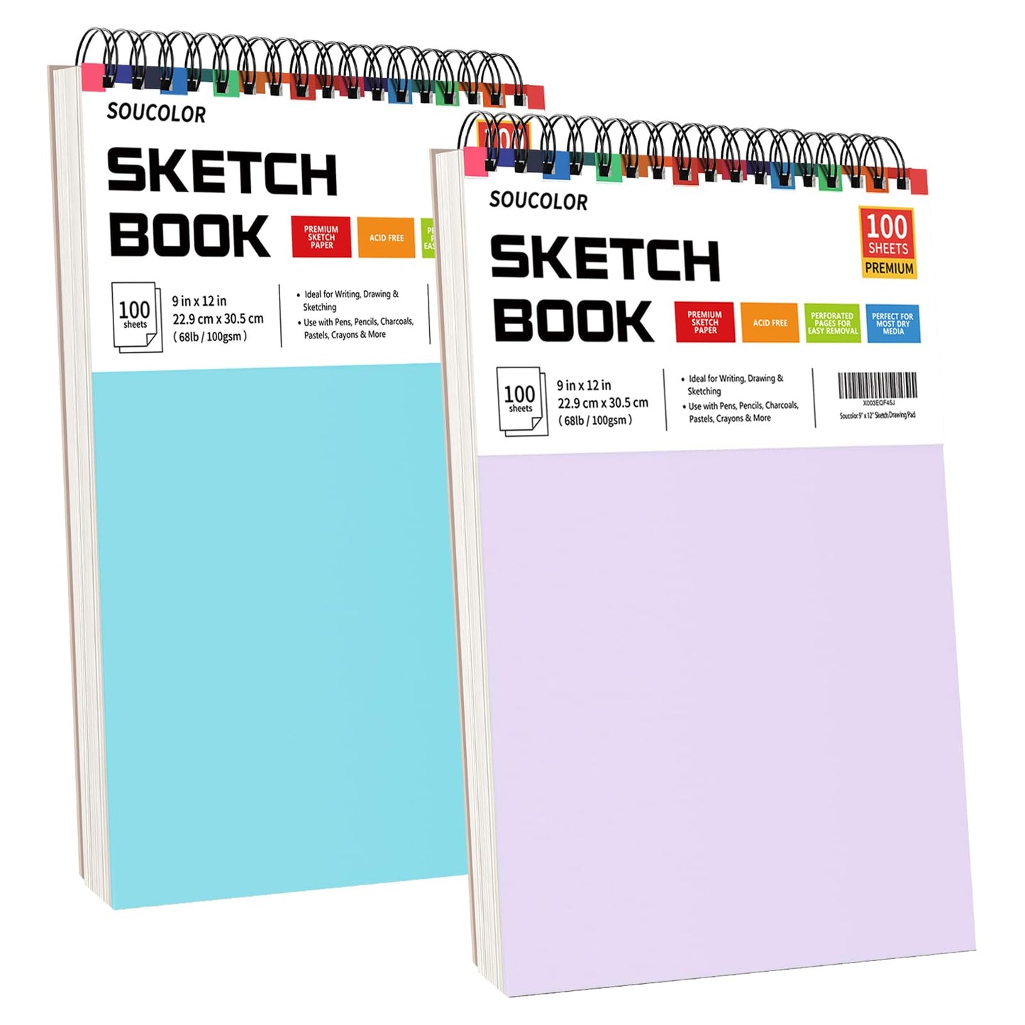 Soucolor 9" x 12" Sketch Book, 1-Pack 100 Sheets Spiral Bound Art Sketchbook, (68lb/100gsm) Acid Free Artist Drawing Book Paper Painting Sketching Pad for Kids Students Adults Beginners