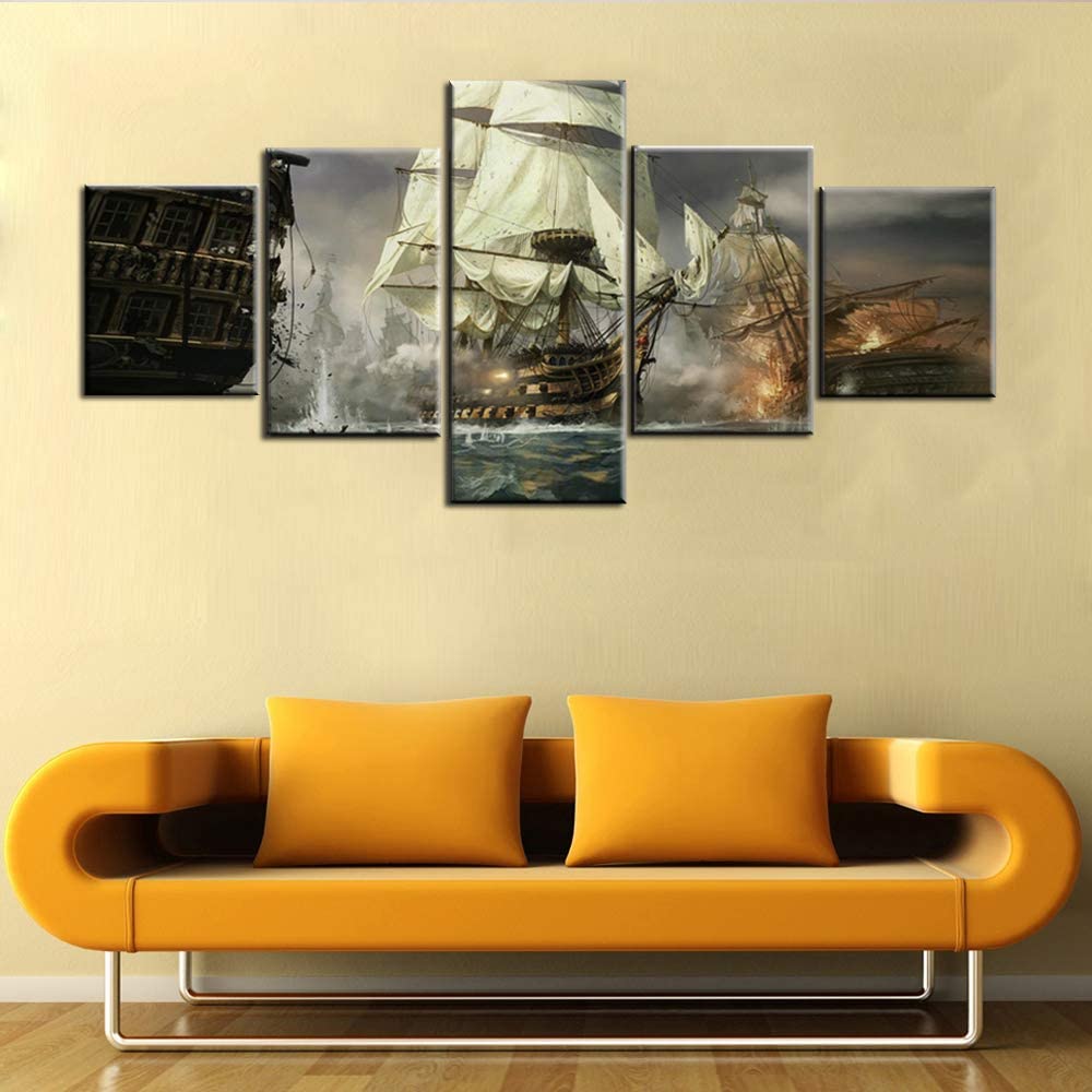 Norse Decor Black and White Painting Vikings Ship Artwork Fantasy Sailing Boat Pictures for Living Room Home 5 Panel Dragon Canvas Wall Art Modern Framed Ready to Hang Posters and Prints(60''Wx32''H)