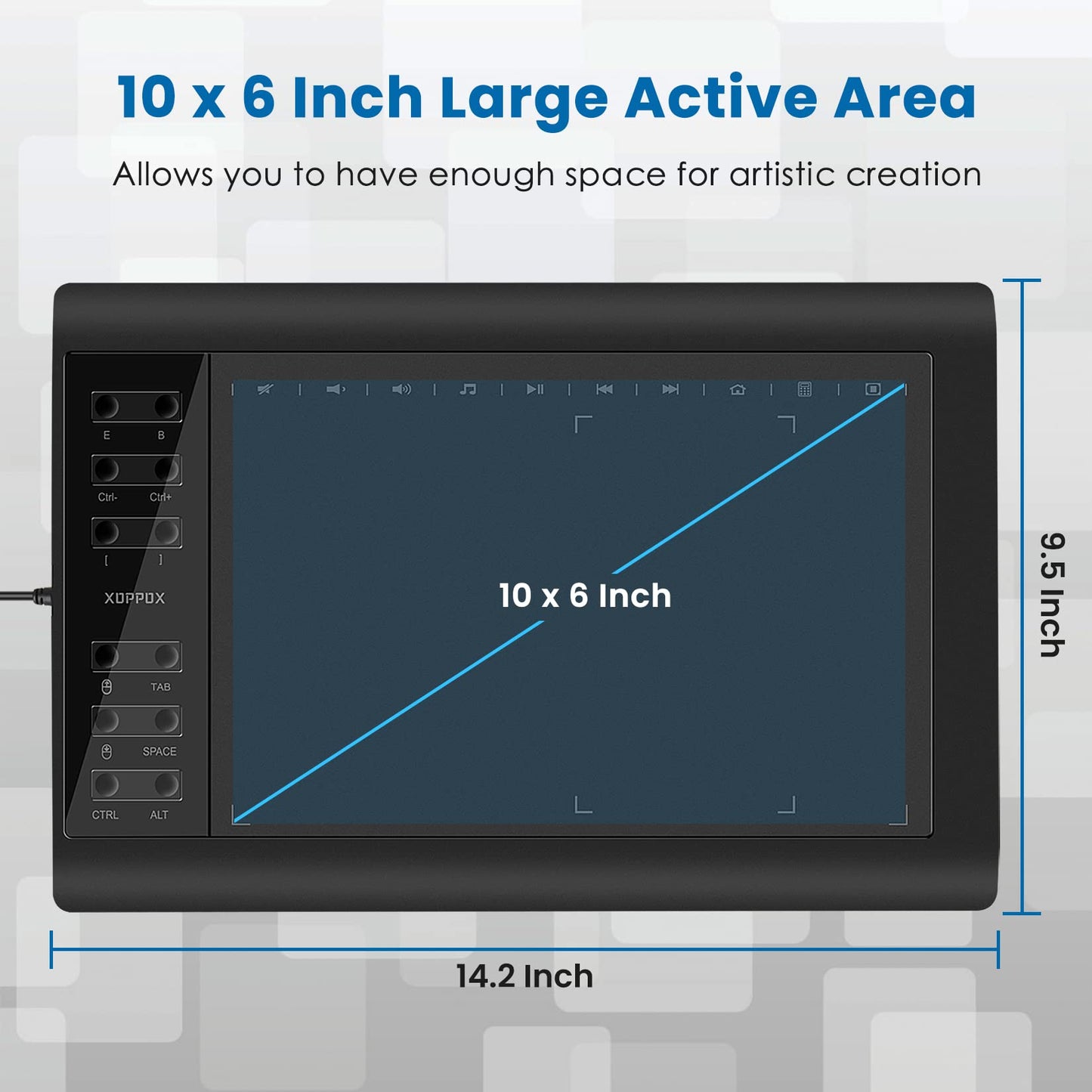 XOPPOX Graphics Drawing Tablet 10 x 6 Inch Large Active Area with 8192 Levels Battery-Free Pen and 12 Hot Keys, Compatible with PC/Mac/Android OS for Painting, Design & Online Teaching Black