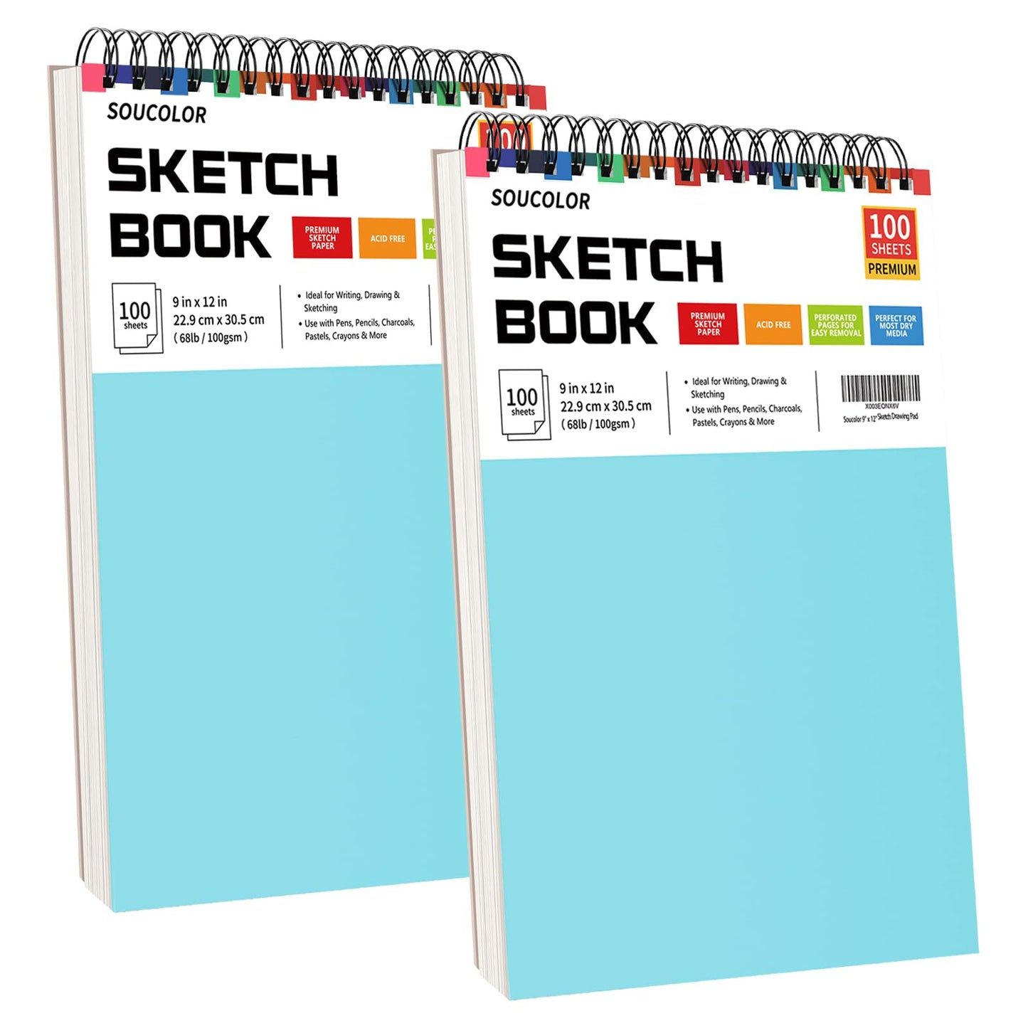 Soucolor 9" x 12" Sketch Book, 1-Pack 100 Sheets Spiral Bound Art Sketchbook, (68lb/100gsm) Acid Free Artist Drawing Book Paper Painting Sketching Pad for Kids Students Adults Beginners