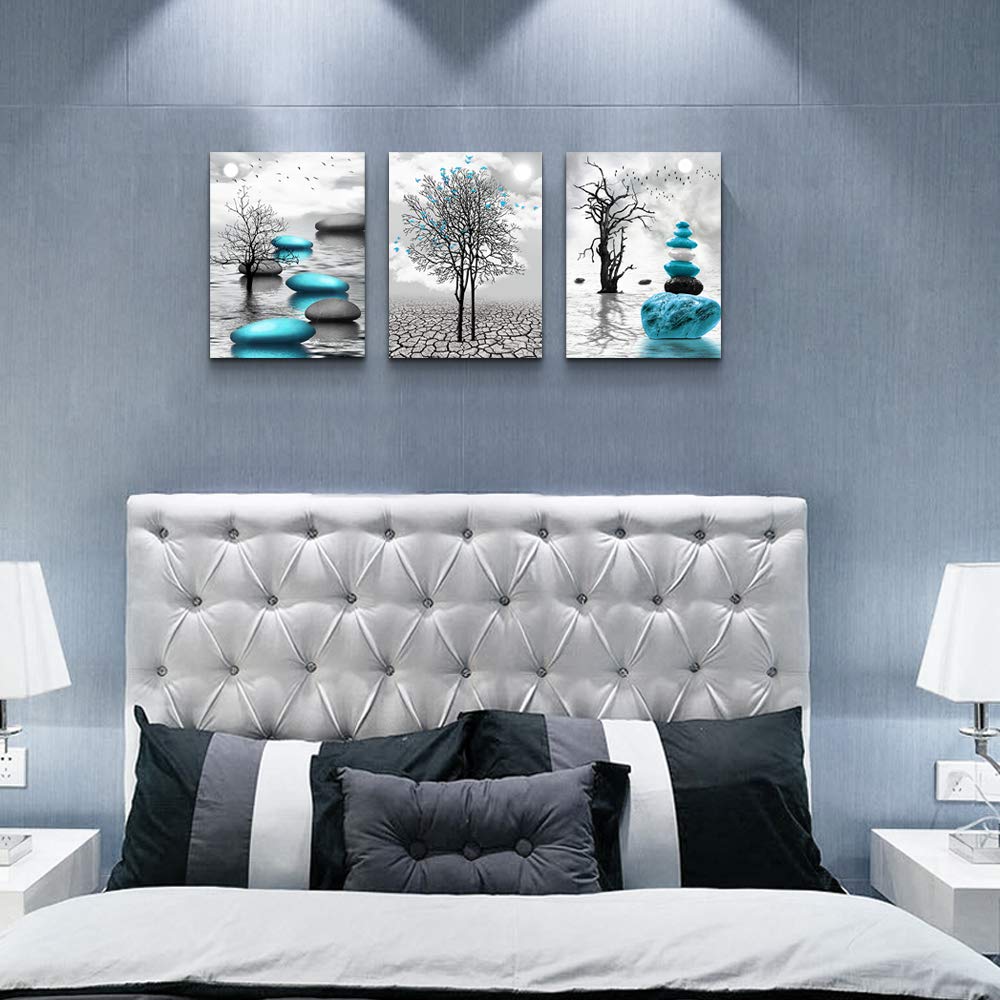 Canvas Wall Art for Living Room Wall Decor for Bedroom Bathroom Black and White Paintings Modern 3 Piece Framed Canvas Art Prints Ready to Hang Inspirational Abstract Blue Pictures Home Decorations