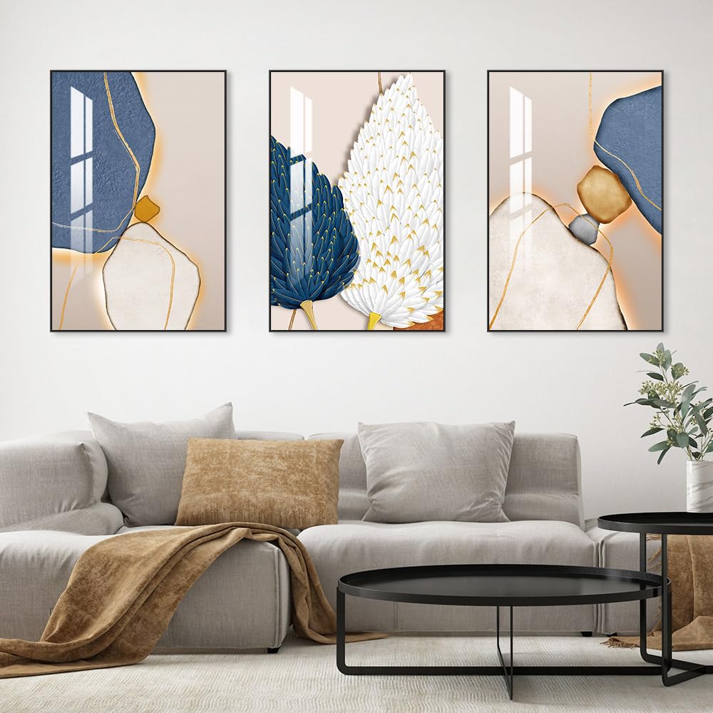 MPLONG Wall Art, Bright Style Framed Wall Art, Abstract Modern Art Shape Pattern White Blue Yellow Grey Wall Art Artfully Matching Living Room Bedroom Office Wall Decor - 24"x 32"x 3 Panels