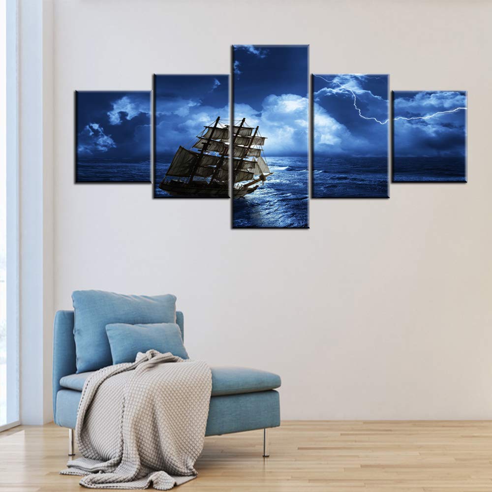 Norse Decor Black and White Painting Vikings Ship Artwork Fantasy Sailing Boat Pictures for Living Room Home 5 Panel Dragon Canvas Wall Art Modern Framed Ready to Hang Posters and Prints(60''Wx32''H)