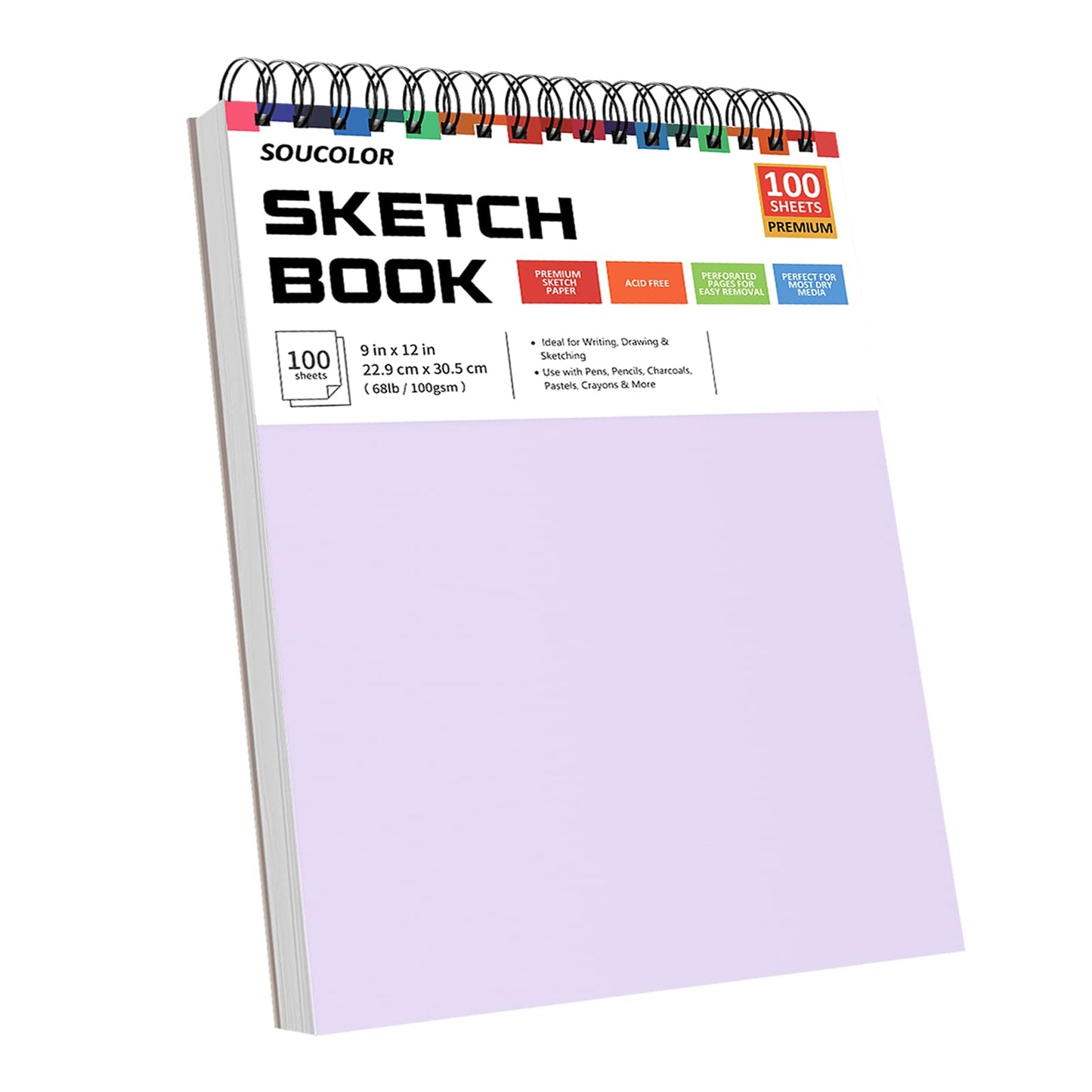 Soucolor 9" x 12" Sketch Book, 1-Pack 100 Sheets Spiral Bound Art Sketchbook, (68lb/100gsm) Acid Free Artist Drawing Book Paper Painting Sketching Pad for Kids Students Adults Beginners