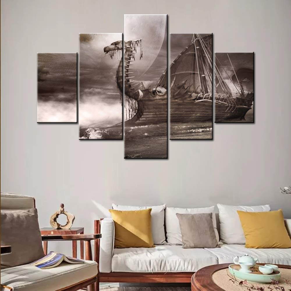 Norse Decor Black and White Painting Vikings Ship Artwork Fantasy Sailing Boat Pictures for Living Room Home 5 Panel Dragon Canvas Wall Art Modern Framed Ready to Hang Posters and Prints(60''Wx32''H)