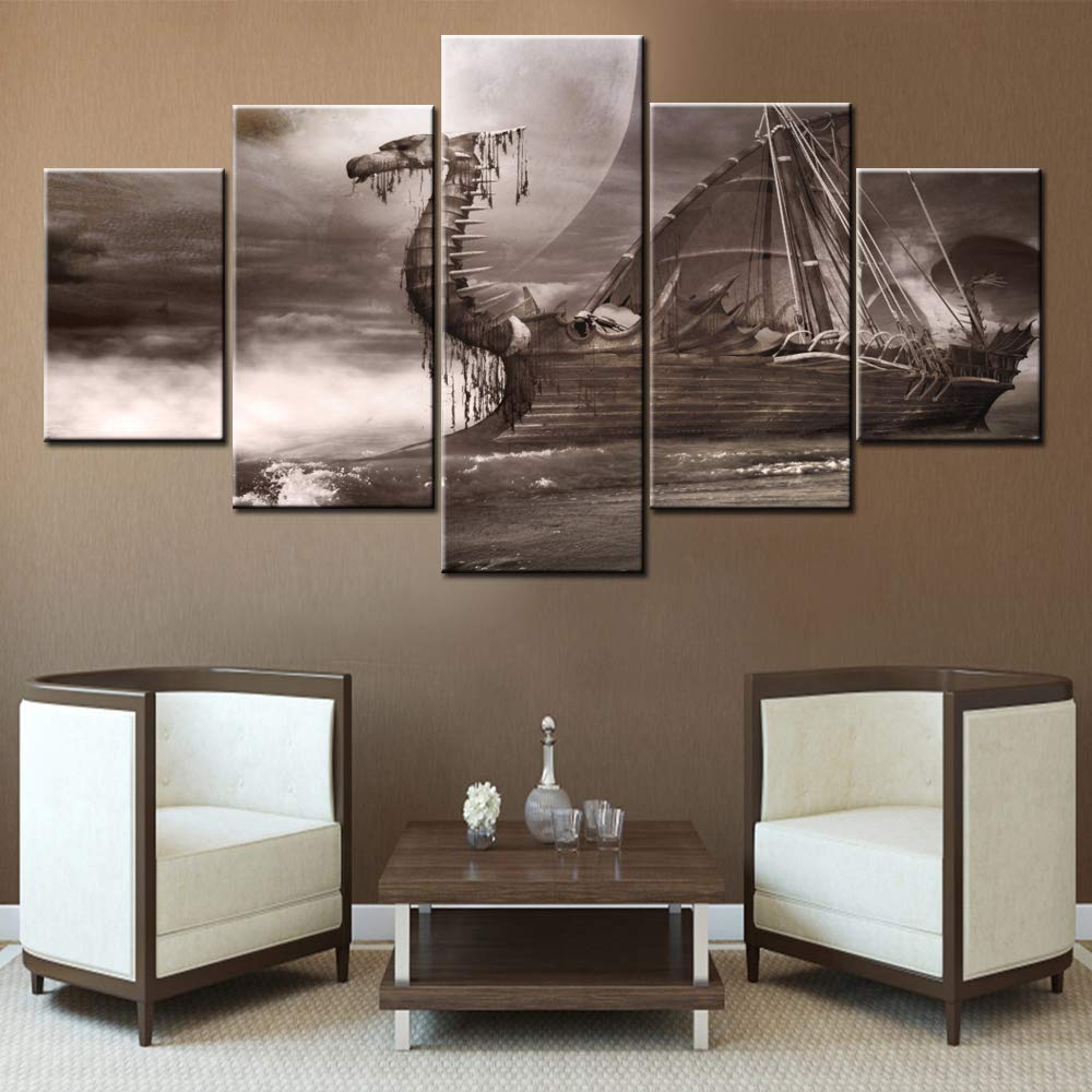 Norse Decor Black and White Painting Vikings Ship Artwork Fantasy Sailing Boat Pictures for Living Room Home 5 Panel Dragon Canvas Wall Art Modern Framed Ready to Hang Posters and Prints(60''Wx32''H)