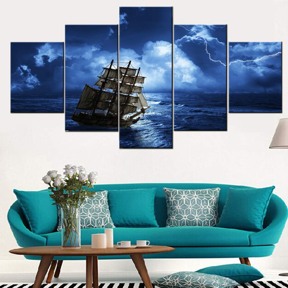 Norse Decor Black and White Painting Vikings Ship Artwork Fantasy Sailing Boat Pictures for Living Room Home 5 Panel Dragon Canvas Wall Art Modern Framed Ready to Hang Posters and Prints(60''Wx32''H)