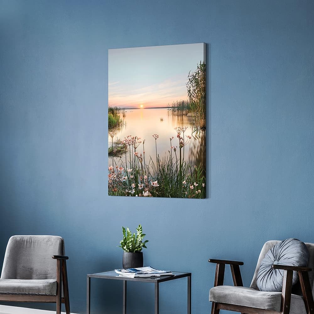 Lake Canvas Wall Art Picture: Sunset Landscape Painting Print Artwork Vertical Nature Scenery Decor for Living Room Bedroom