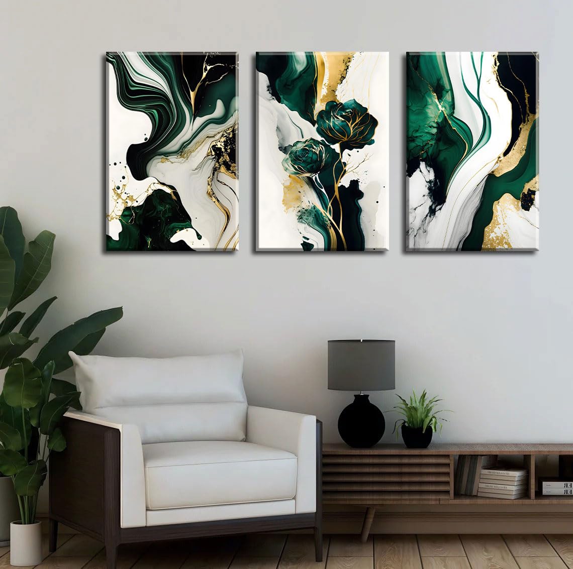 3Pcs Framed Emerald Green Wall Art, Modern Green and Gold Abstract Marble Canvas Wall Art Paintings Prints Posters Wall Decor Pictures for Living Room Bedroom Office Home Decoration, Ready to Hang