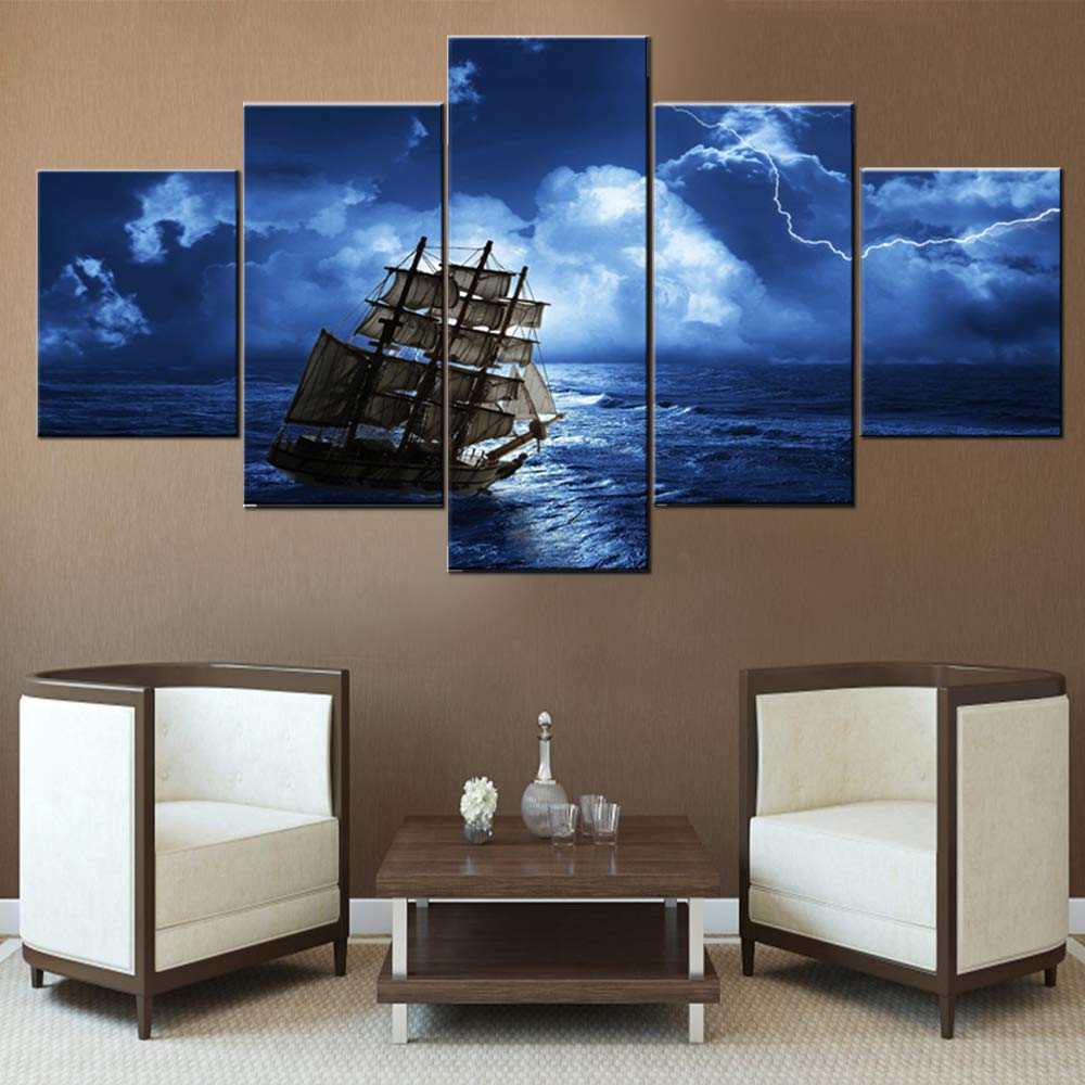 Norse Decor Black and White Painting Vikings Ship Artwork Fantasy Sailing Boat Pictures for Living Room Home 5 Panel Dragon Canvas Wall Art Modern Framed Ready to Hang Posters and Prints(60''Wx32''H)