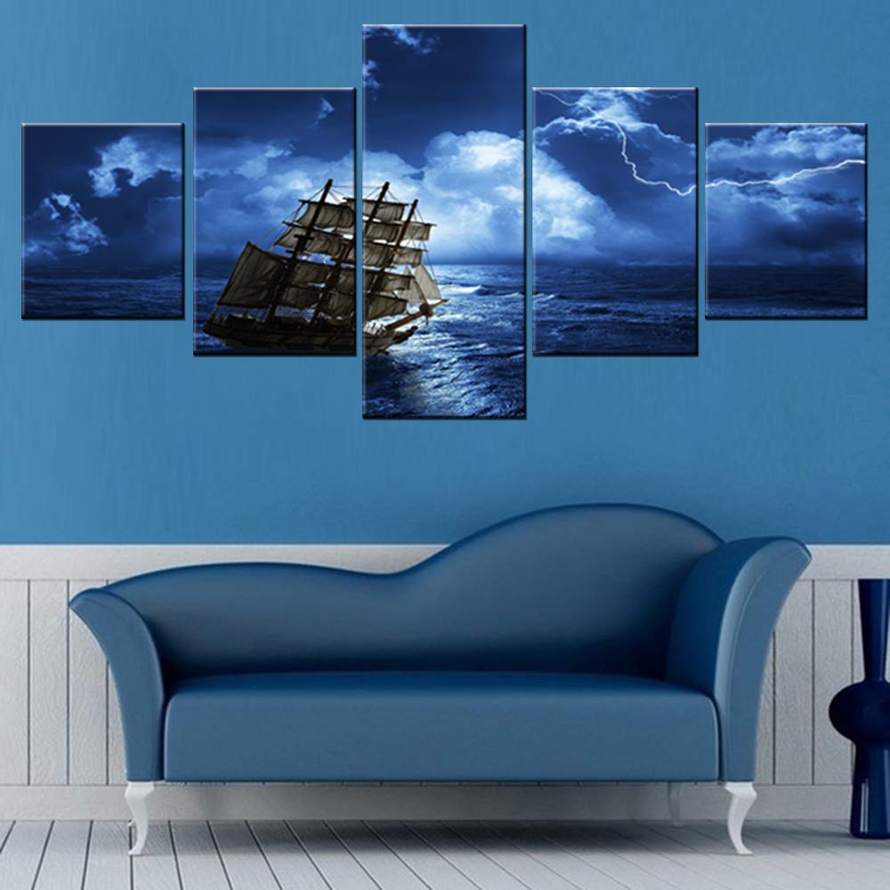 Norse Decor Black and White Painting Vikings Ship Artwork Fantasy Sailing Boat Pictures for Living Room Home 5 Panel Dragon Canvas Wall Art Modern Framed Ready to Hang Posters and Prints(60''Wx32''H)