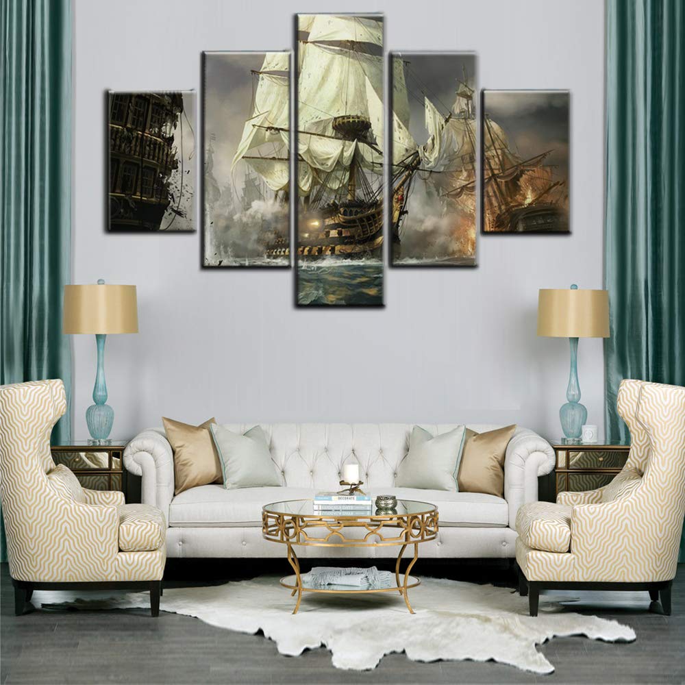 Norse Decor Black and White Painting Vikings Ship Artwork Fantasy Sailing Boat Pictures for Living Room Home 5 Panel Dragon Canvas Wall Art Modern Framed Ready to Hang Posters and Prints(60''Wx32''H)