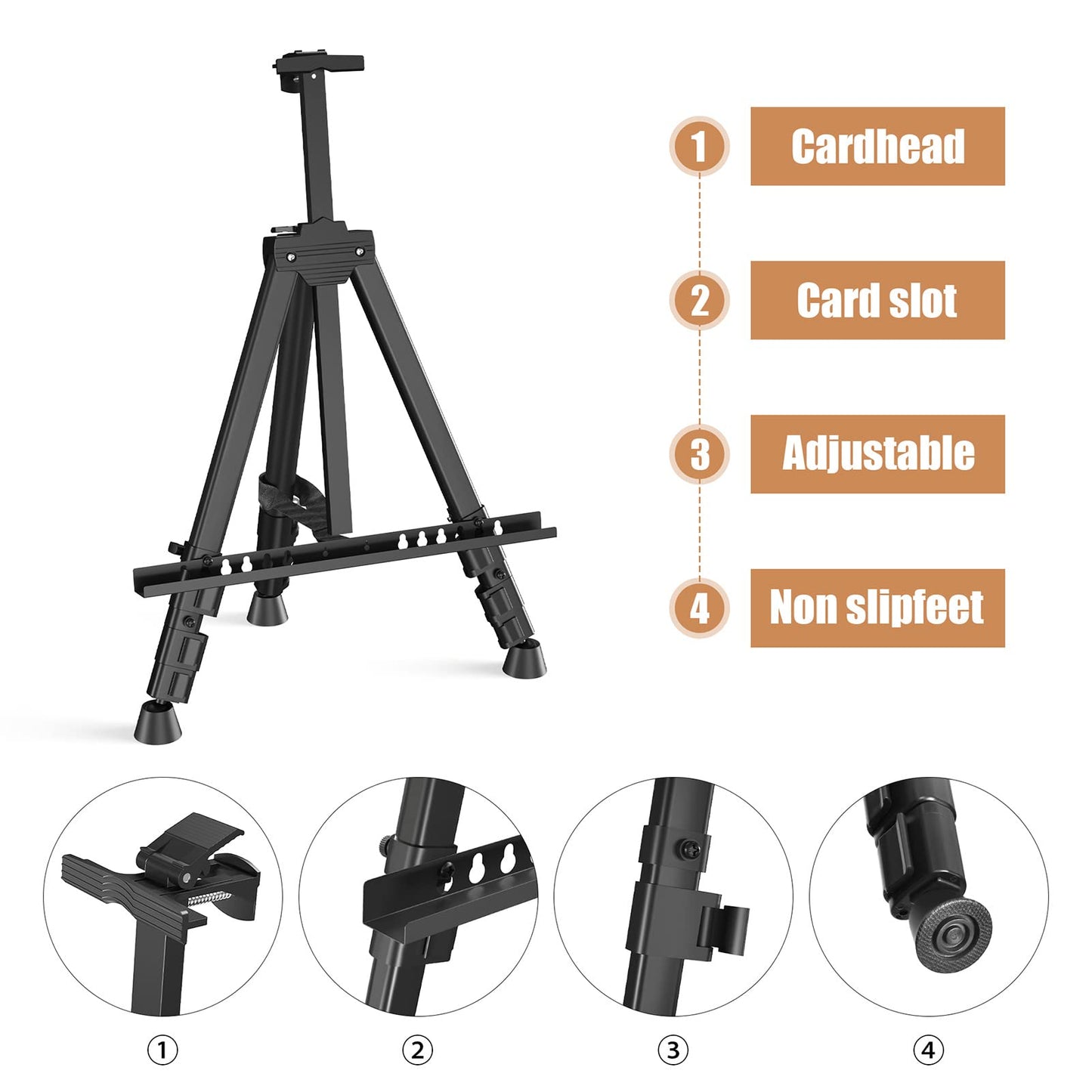 Art Painting Artist Easel Stand, Portable Adjustable Aluminum Metal Tripod Display Easel with Bag, Height from 17 to 66 inch for Table-Top/Floor Drawing and Displaying, Black