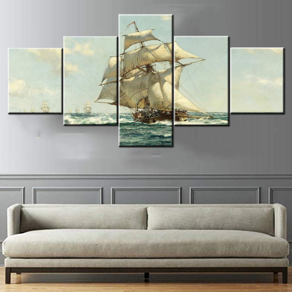 Norse Decor Black and White Painting Vikings Ship Artwork Fantasy Sailing Boat Pictures for Living Room Home 5 Panel Dragon Canvas Wall Art Modern Framed Ready to Hang Posters and Prints(60''Wx32''H)