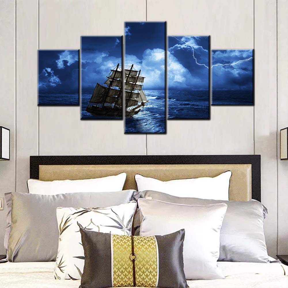 Norse Decor Black and White Painting Vikings Ship Artwork Fantasy Sailing Boat Pictures for Living Room Home 5 Panel Dragon Canvas Wall Art Modern Framed Ready to Hang Posters and Prints(60''Wx32''H)