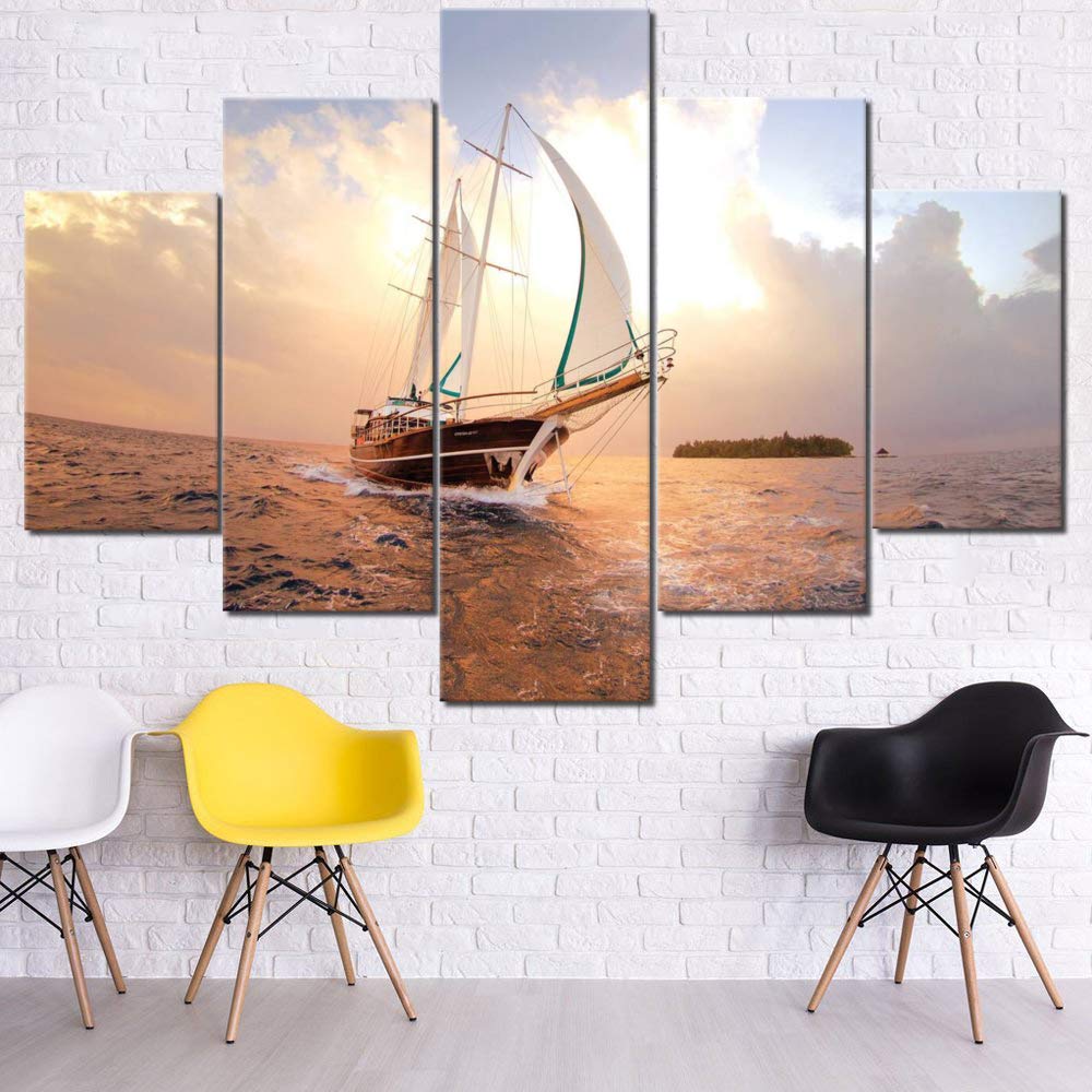 Norse Decor Black and White Painting Vikings Ship Artwork Fantasy Sailing Boat Pictures for Living Room Home 5 Panel Dragon Canvas Wall Art Modern Framed Ready to Hang Posters and Prints(60''Wx32''H)