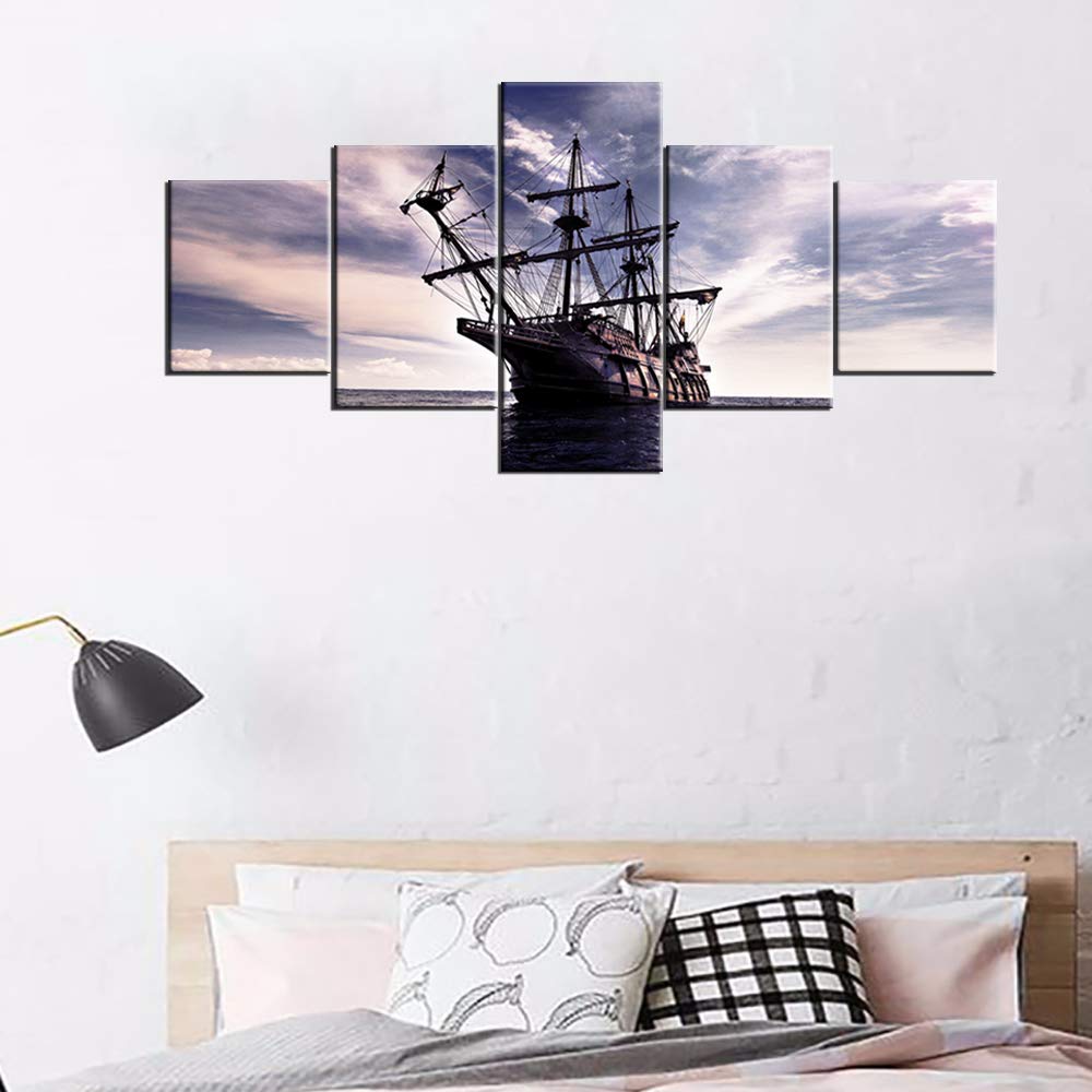 Norse Decor Black and White Painting Vikings Ship Artwork Fantasy Sailing Boat Pictures for Living Room Home 5 Panel Dragon Canvas Wall Art Modern Framed Ready to Hang Posters and Prints(60''Wx32''H)