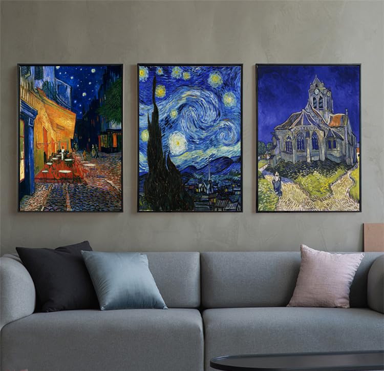 Vincent Van Gogh Canvas Wall Art Paintings, Famous Starry Night Picture Prints for Decor Classic Cafe Terrace At Night Artwork Reproduction Poster for Bedroom Living Room Office Decoration 12"x16"x3 Piece