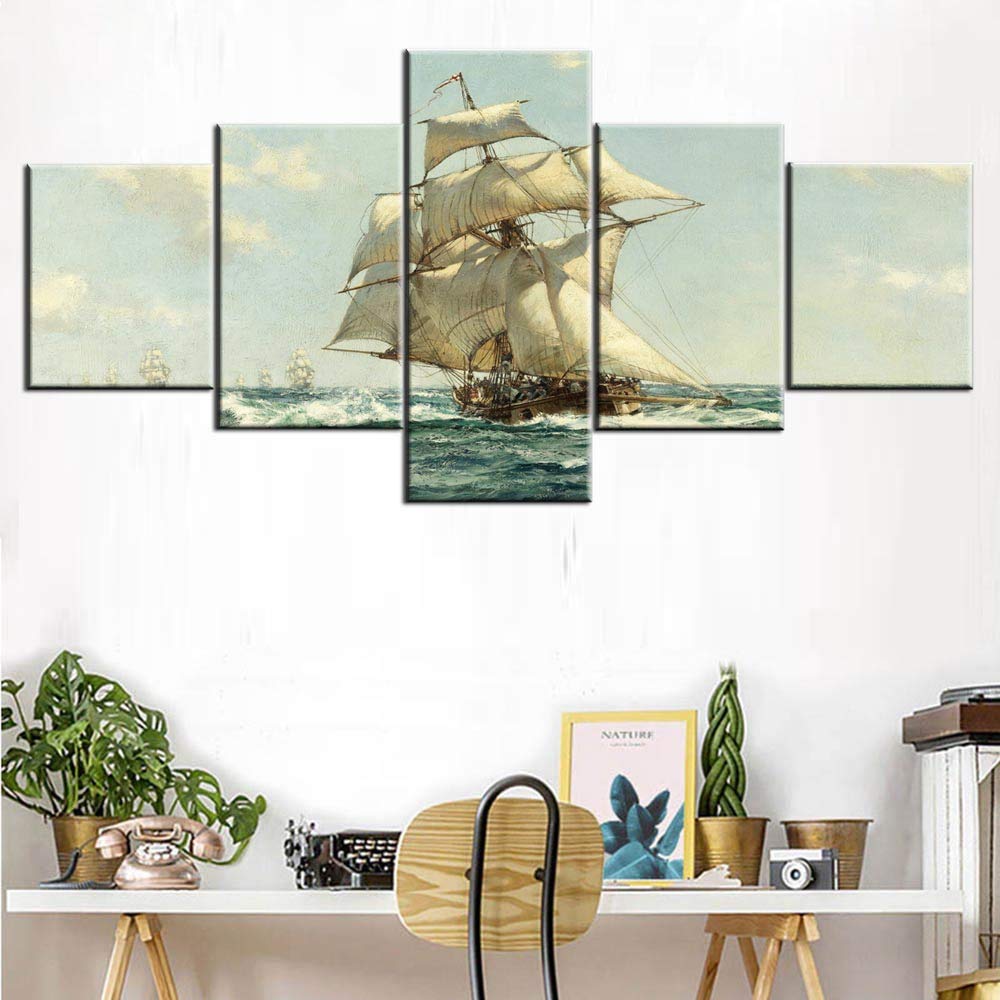 Norse Decor Black and White Painting Vikings Ship Artwork Fantasy Sailing Boat Pictures for Living Room Home 5 Panel Dragon Canvas Wall Art Modern Framed Ready to Hang Posters and Prints(60''Wx32''H)