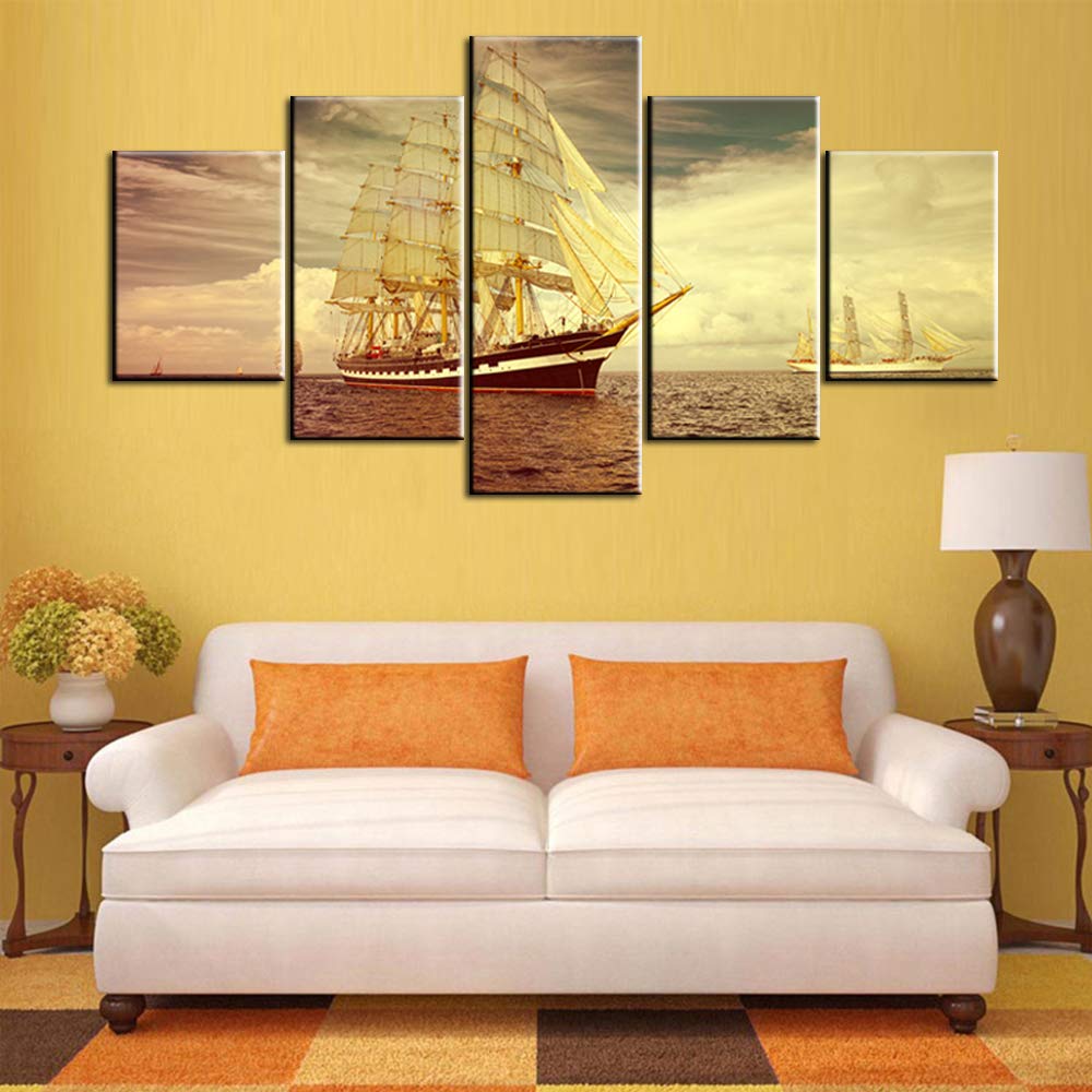 Norse Decor Black and White Painting Vikings Ship Artwork Fantasy Sailing Boat Pictures for Living Room Home 5 Panel Dragon Canvas Wall Art Modern Framed Ready to Hang Posters and Prints(60''Wx32''H)