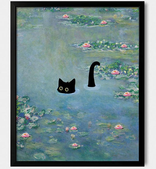 oulawote Cat Wall Art Monet Prints Vintage Canvas Wall Art Funny Cat in Water Lilies Posters for Room Bedroom Living Room Bathroom Wall Decor Aesthetic (Size: 8''x10''x1pcs)