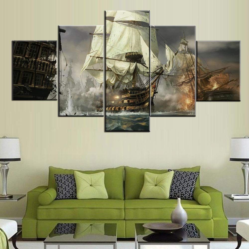 Norse Decor Black and White Painting Vikings Ship Artwork Fantasy Sailing Boat Pictures for Living Room Home 5 Panel Dragon Canvas Wall Art Modern Framed Ready to Hang Posters and Prints(60''Wx32''H)