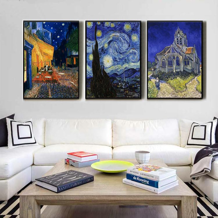 Vincent Van Gogh Canvas Wall Art Paintings, Famous Starry Night Picture Prints for Decor Classic Cafe Terrace At Night Artwork Reproduction Poster for Bedroom Living Room Office Decoration 12"x16"x3 Piece