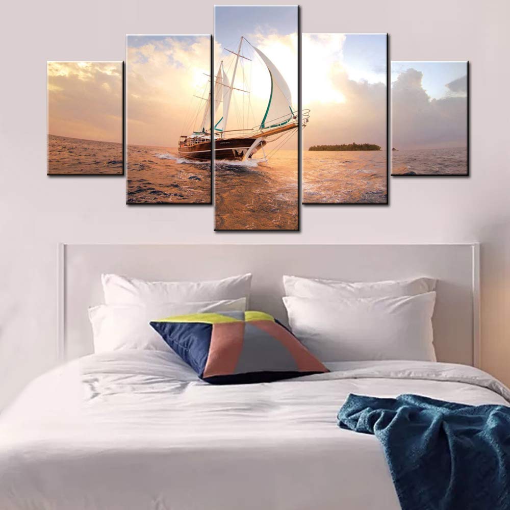 Norse Decor Black and White Painting Vikings Ship Artwork Fantasy Sailing Boat Pictures for Living Room Home 5 Panel Dragon Canvas Wall Art Modern Framed Ready to Hang Posters and Prints(60''Wx32''H)